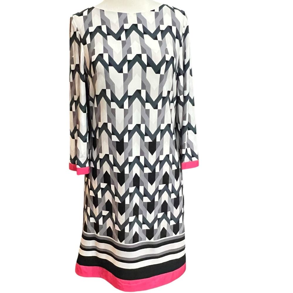Eliza J Shift Dress Women 4 Gray Pink Trim Geometric 3/4 Sleeve Stretch Timeless